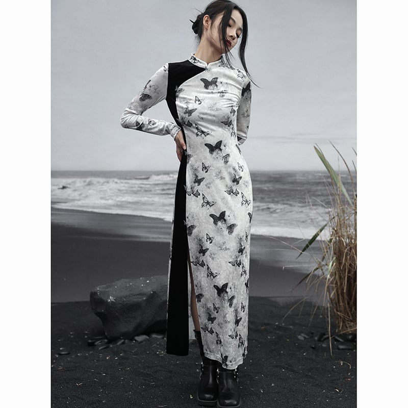 ✿New item! [Da Qinglong Shu Series] ★China style dress★ Cheongsam dress velvet butterfly long length color scheme slimming