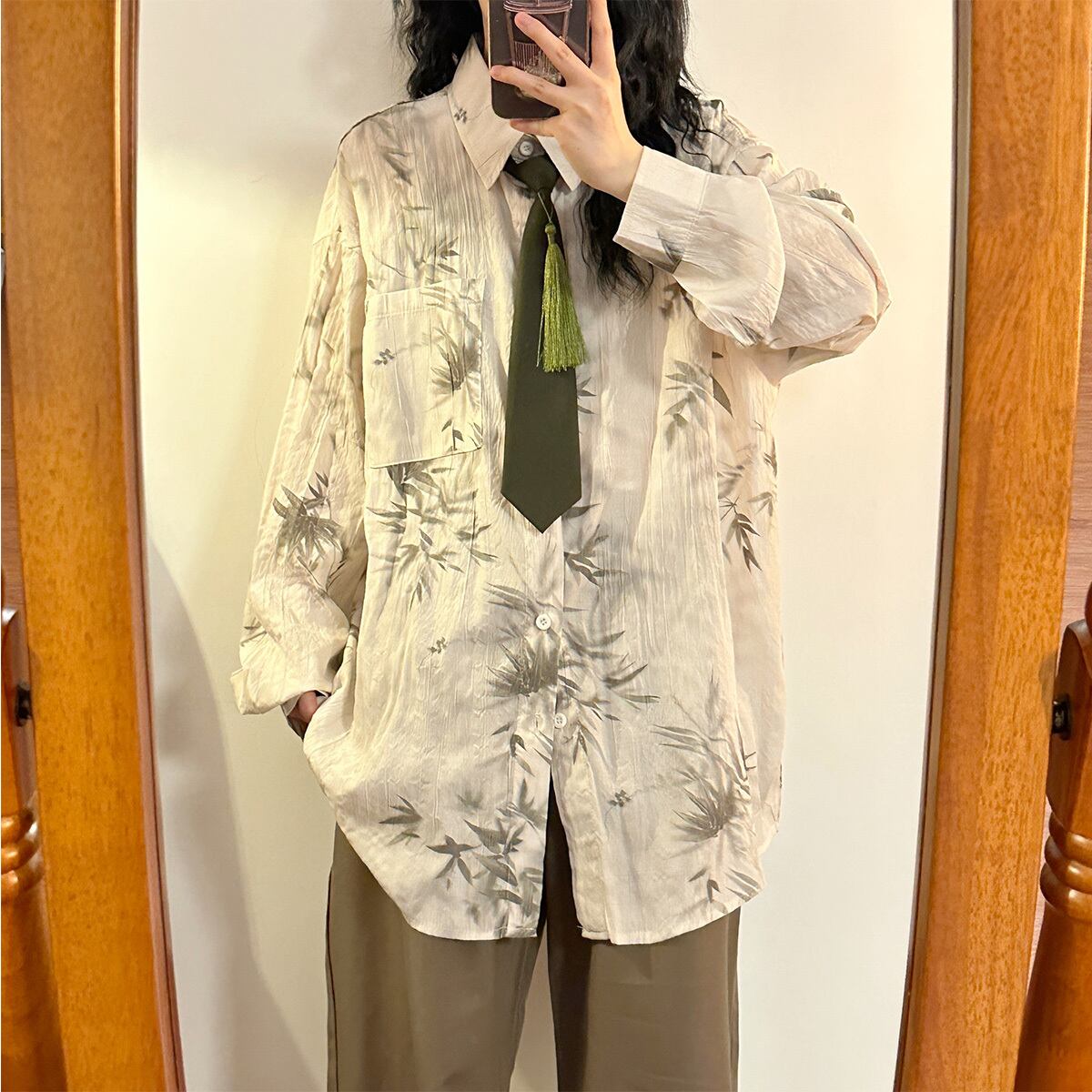 ✿New item! [UATONLINE series] ★China style shirt★ 2color shirt with tie, long sleeve shirt, tops, unisex, men's bamboo