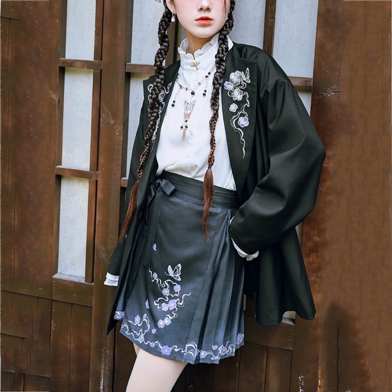 ✿New item! [Ancient monster house --- butterfly series] ★China style skirt★ Maki skirt bottoms short length black black Hanfu skirt