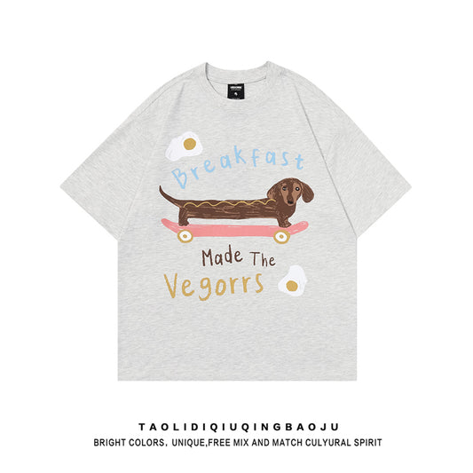 【逃離地球シリーズ】★Tシャツ★ 2color トップス 半袖Tシャツ 夏服 男女兼用 メンズ 犬 犬柄 ブラック ライトグレー