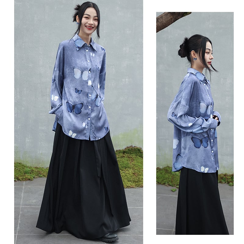 [Big Blue Dragon Series] ★China style tops★ Shirt, long sleeve shirt, butterfly satin blue, blue, cute, unique