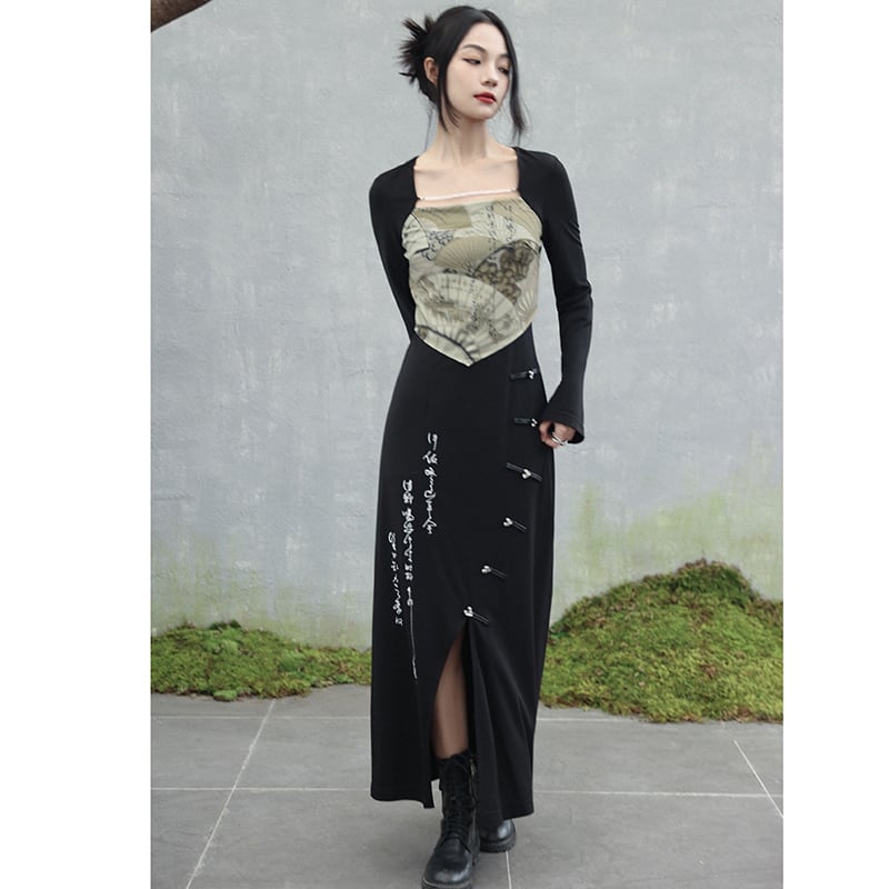 [Big Blue Dragon Series] ★China style dress★ Fake layered letter pattern slimming change black black