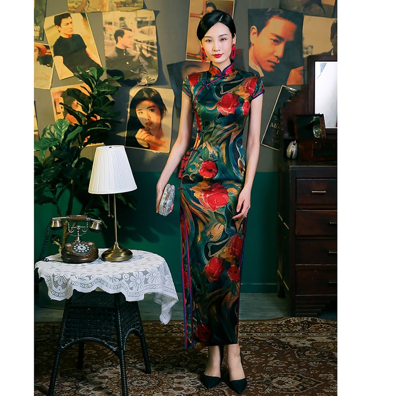 [MISS.F Series] ★Cheongsam Dress★ Silk Temperament Enhancement Chinese Style Dress Women's Party Wedding Floral Pattern