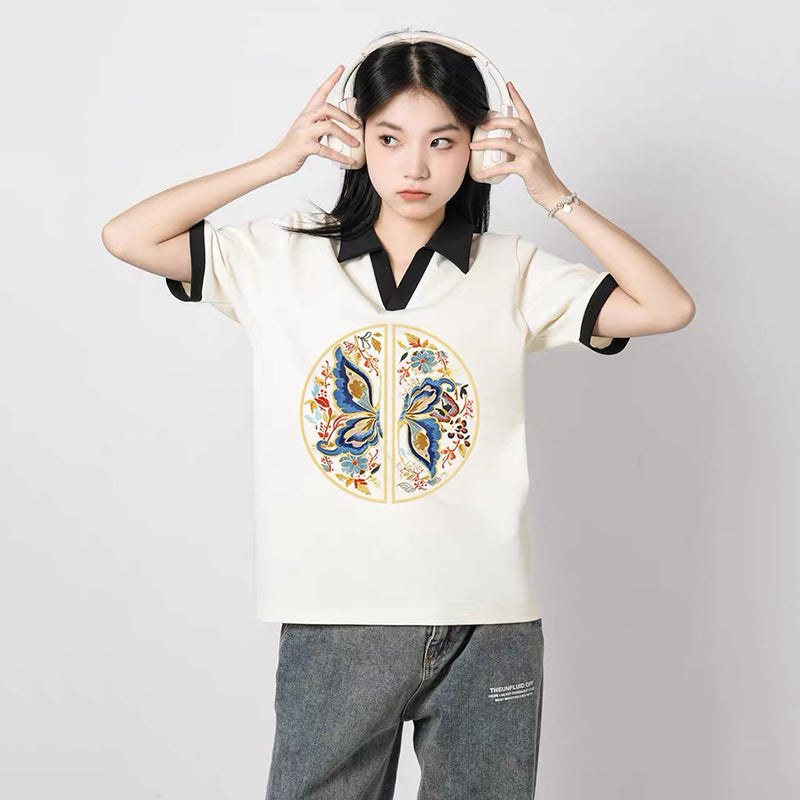 [LXBE series] ★Chinese style tops★ 3 colors Tops Short sleeve POLO shirt V-neck Cute butterfly