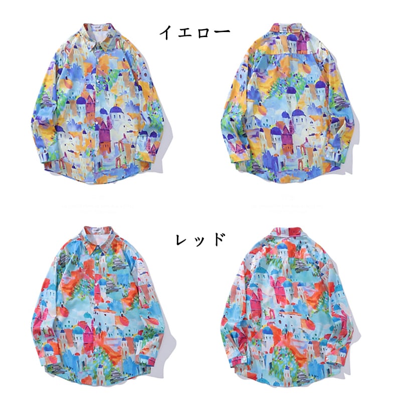 【MOISHE TIDEシリーズ】★シャツ★ 2color トップス 長袖シャツ 花柄シャツ 男女兼用 メンズ 落書き 彩り