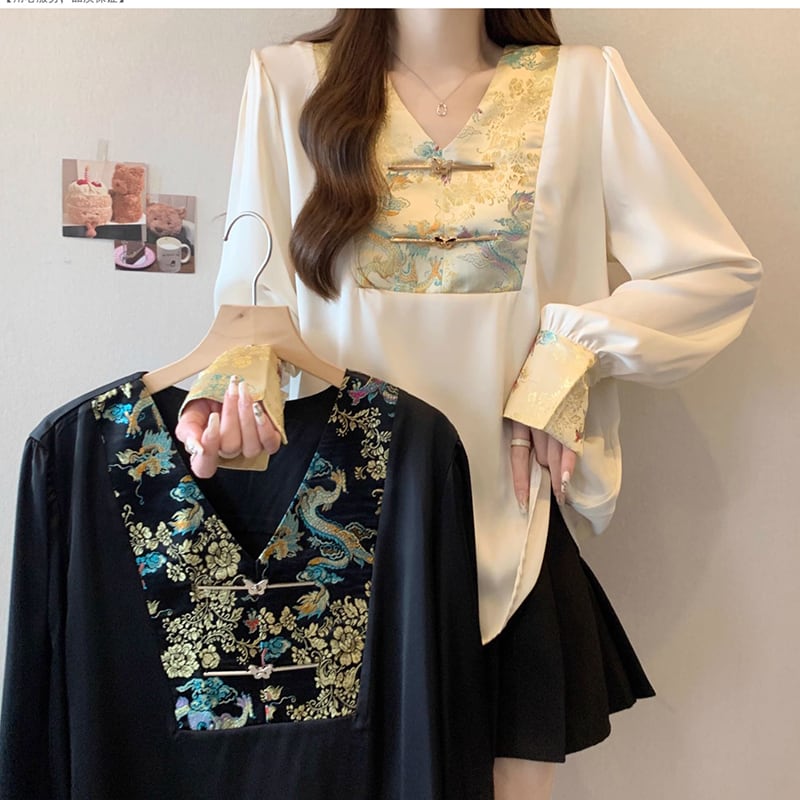 [YIPINSHAN Series]★Chinese style tops★ 2color tops shirt V-neck Chinese clothes Improve your temperament