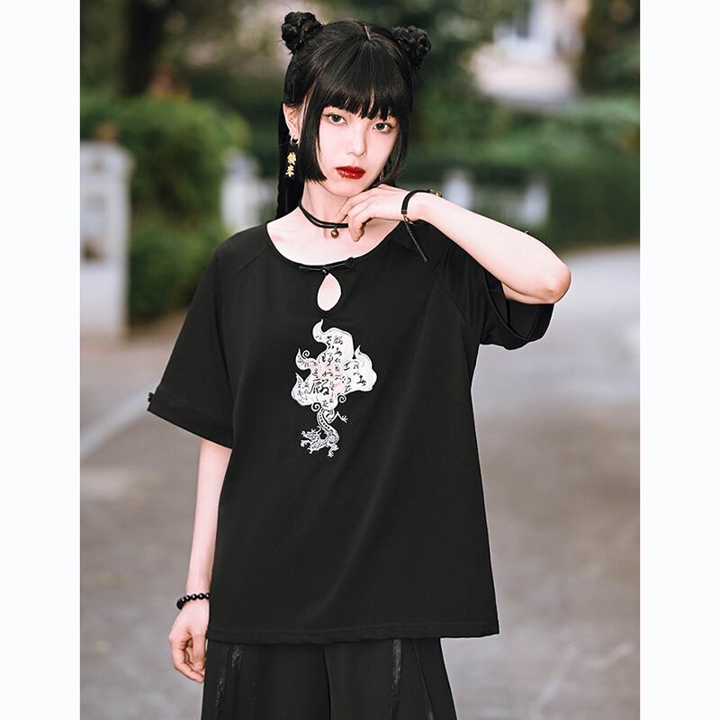 【古怪舍---麒麟シリーズ】★チャイナ風トップス★ Tシャツ 刺繍 コットン 合わせやすい ブラック 黒い