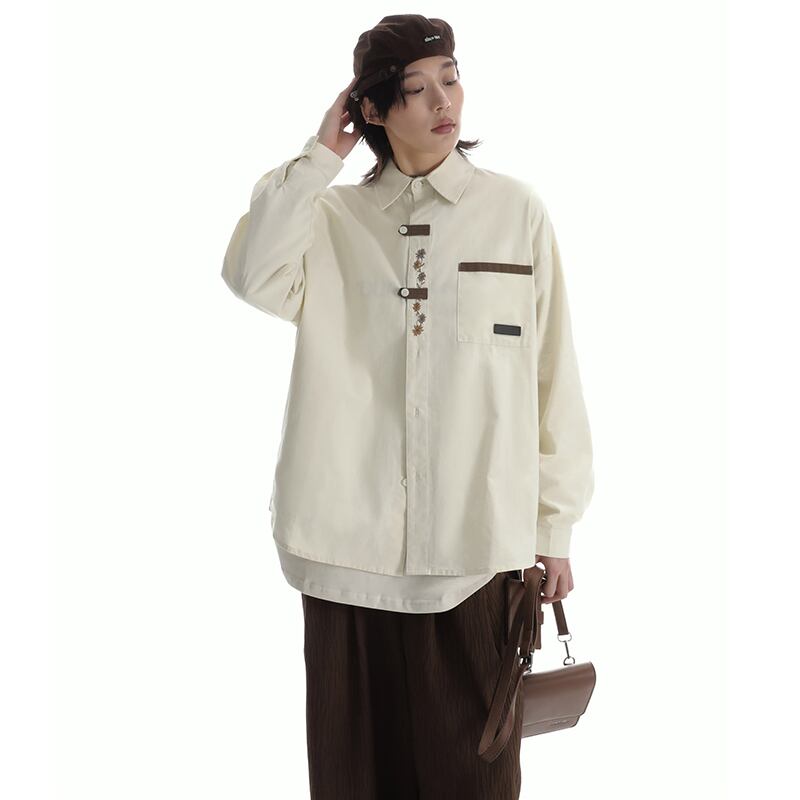 [SAMEUOO Series]★Shirt★ 2color Embroidery Long Sleeve Shirt Tops Unisex Men's Apricot Black