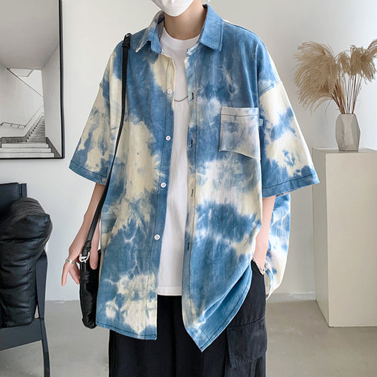 [WUKONG Series] ★Shirt★ 2 colors Tops Short sleeve Unisex Men's Tie-dye Blue Black