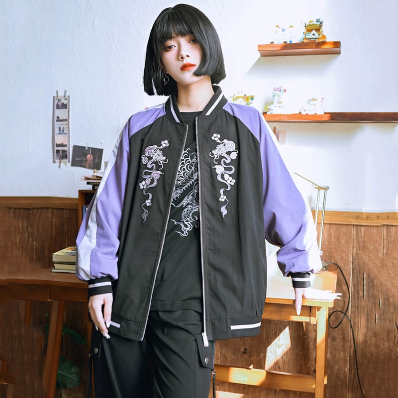 ✿New item! [Old Monster---Tatsuryu Series] ★China style outerwear★ Embroidery stadium jacket Color scheme Black Purple