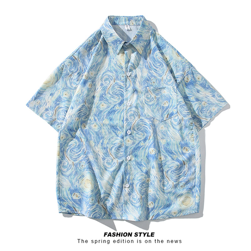 [YUANJI Series] ★Shirt★ Tops, short sleeves, unisex, men's, floral pattern, blue, summer clothing, aloha shirt, oil painting style