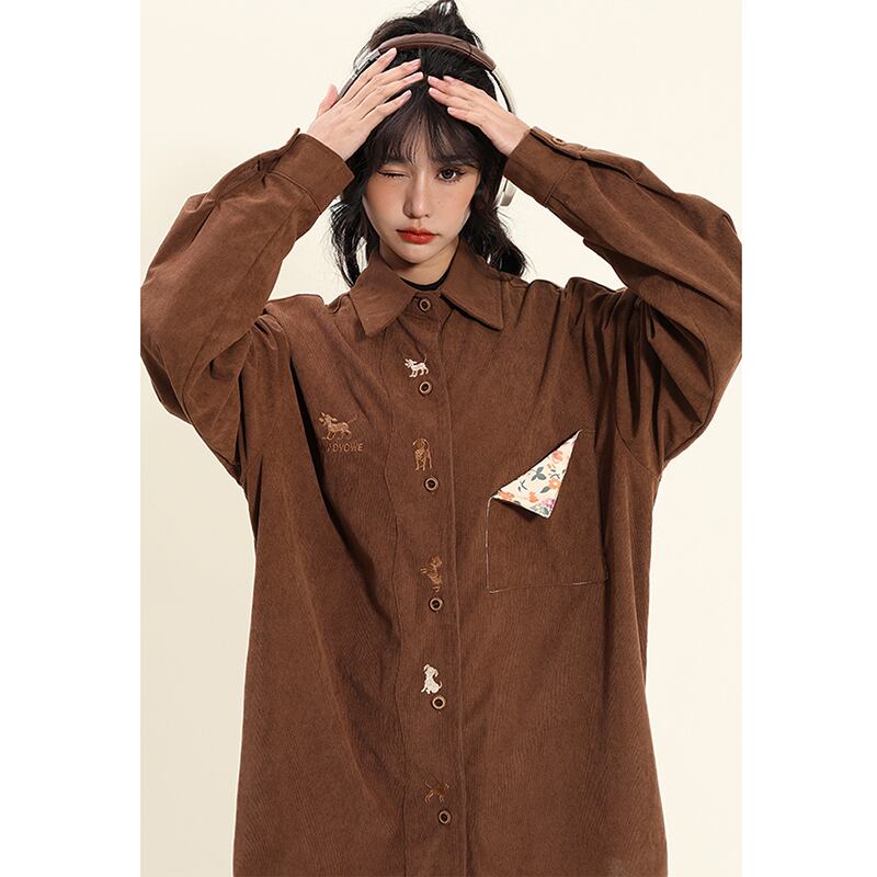 [YOYO Series]★Shirt★ 2color long sleeve shirt corduroy unisex men's cartoon apricot coffee color