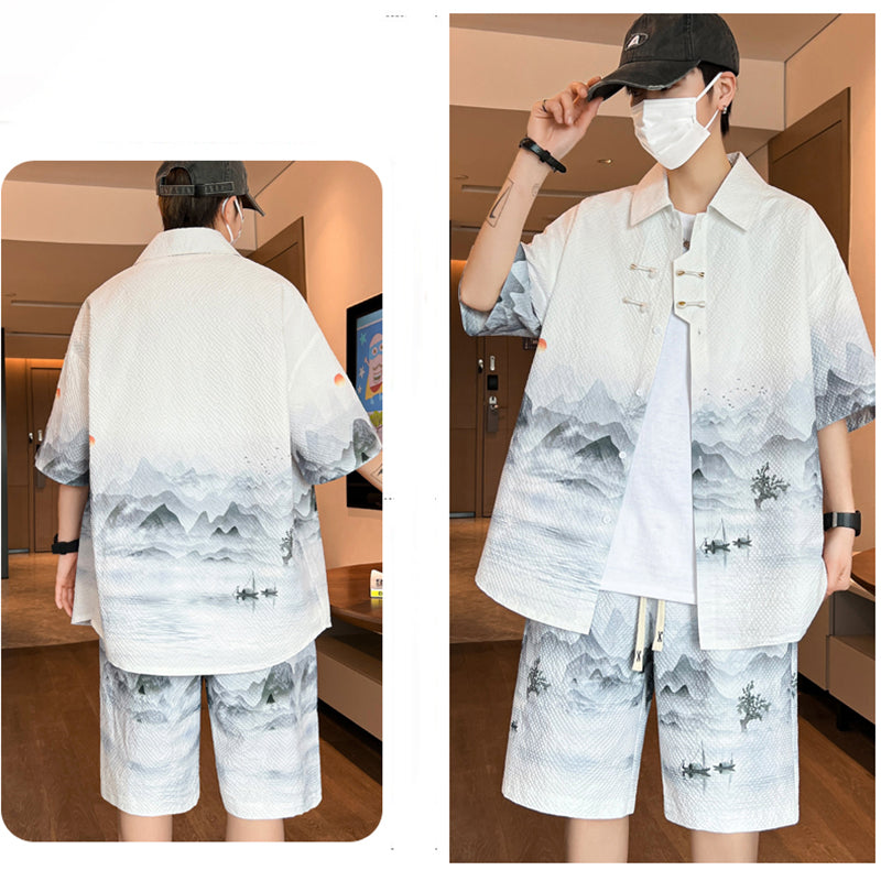 [WUSHE Series] ★Chinese style set up★ 3 colors Shirt + shorts Unisex Men's Large size Cool