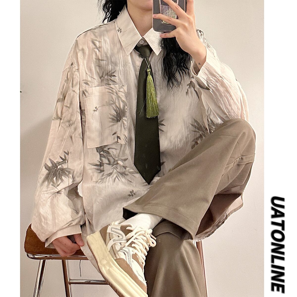 ✿New item! [UATONLINE series] ★China style shirt★ 2color shirt with tie, long sleeve shirt, tops, unisex, men's bamboo