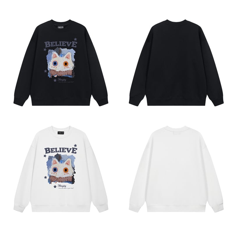 [Satoru Series] ★Tops★ 2color Sweatshirt Unisex Men's Cat Cat Pattern Cat Pattern Cat Black White