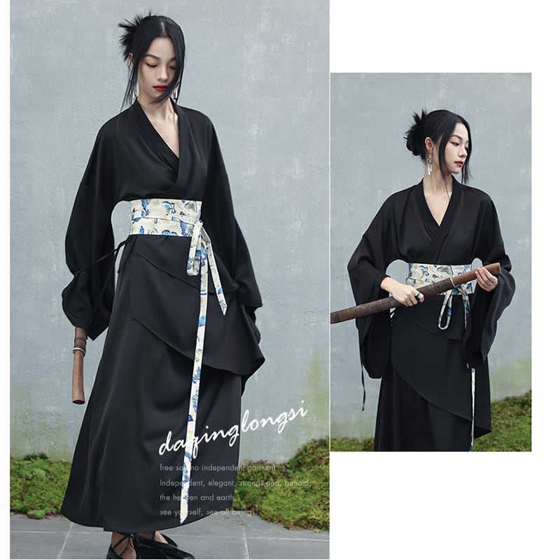 ✿New item! [Da Qinglong Shu Series]★Chinese style dress★ Belted dress Hanfu dress V neck long length Black Black