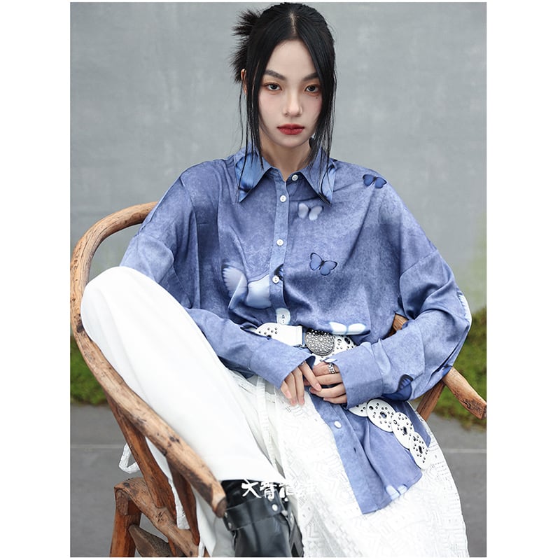 [Big Blue Dragon Series] ★China style tops★ Shirt, long sleeve shirt, butterfly satin blue, blue, cute, unique