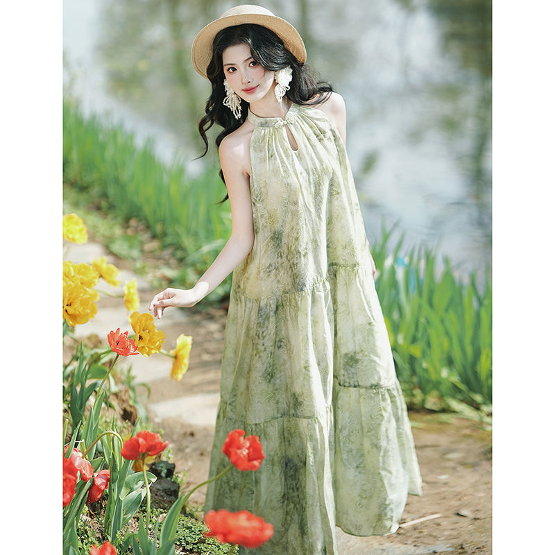 [XIXI Series] ★Chinese-style dress★ Hanging dress, floral pattern, cute, for dates, commuting, weddings, green