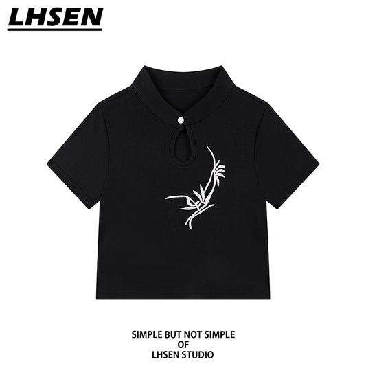 [LHSEN series] ★Chinese style top★ Embroidered T-shirt Easy to match Slimming Black Short length