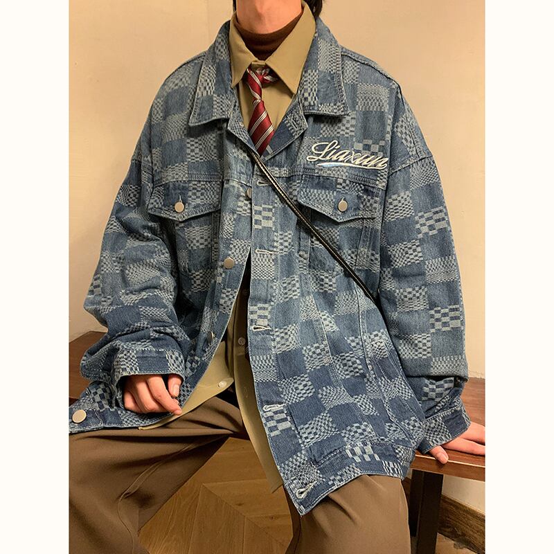 [BAOYAN Series] ★Jacket★ Denim jacket outerwear jeans unisex men's plaid pattern blue blue