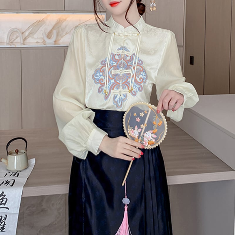 [Rin Le Series]★China-style tops★China-style shirt, women's, fringe, embroidery, cute, long-sleeved shirt