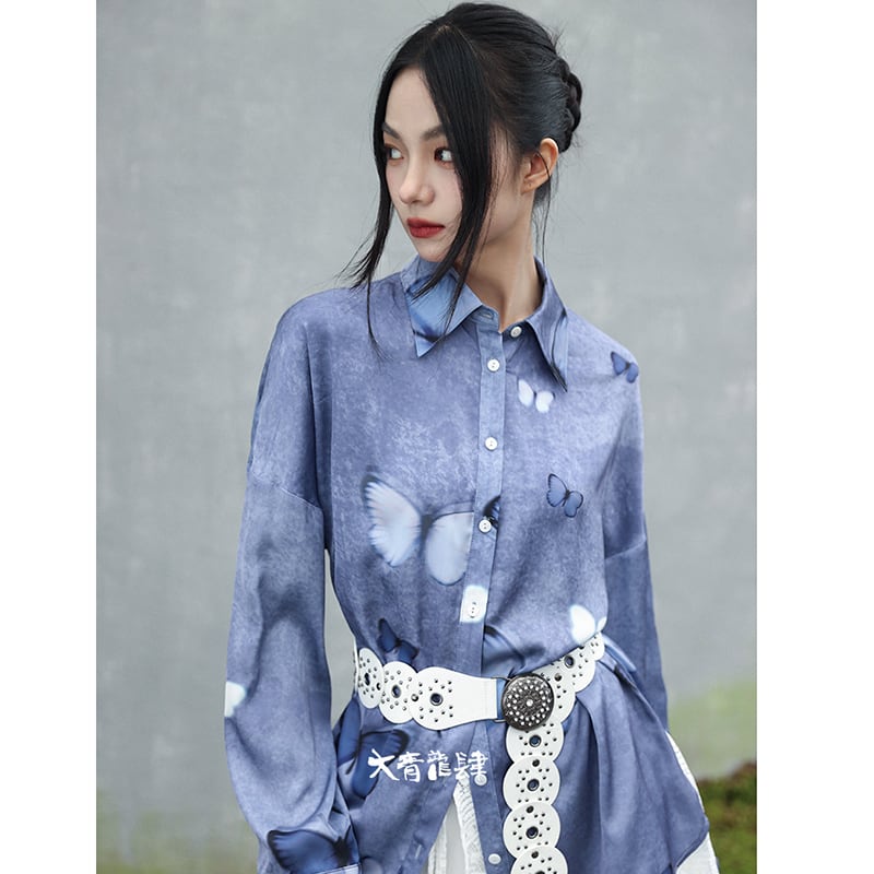 [Big Blue Dragon Series] ★China style tops★ Shirt, long sleeve shirt, butterfly satin blue, blue, cute, unique