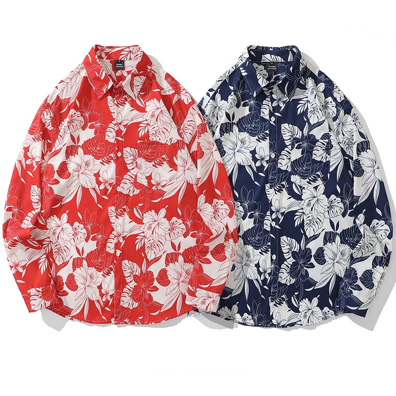 [HTTAOSUP Series]★Shirt★ 2color Tops Long Sleeve Shirt Floral Shirt Unisex Men's Casual Navy Red