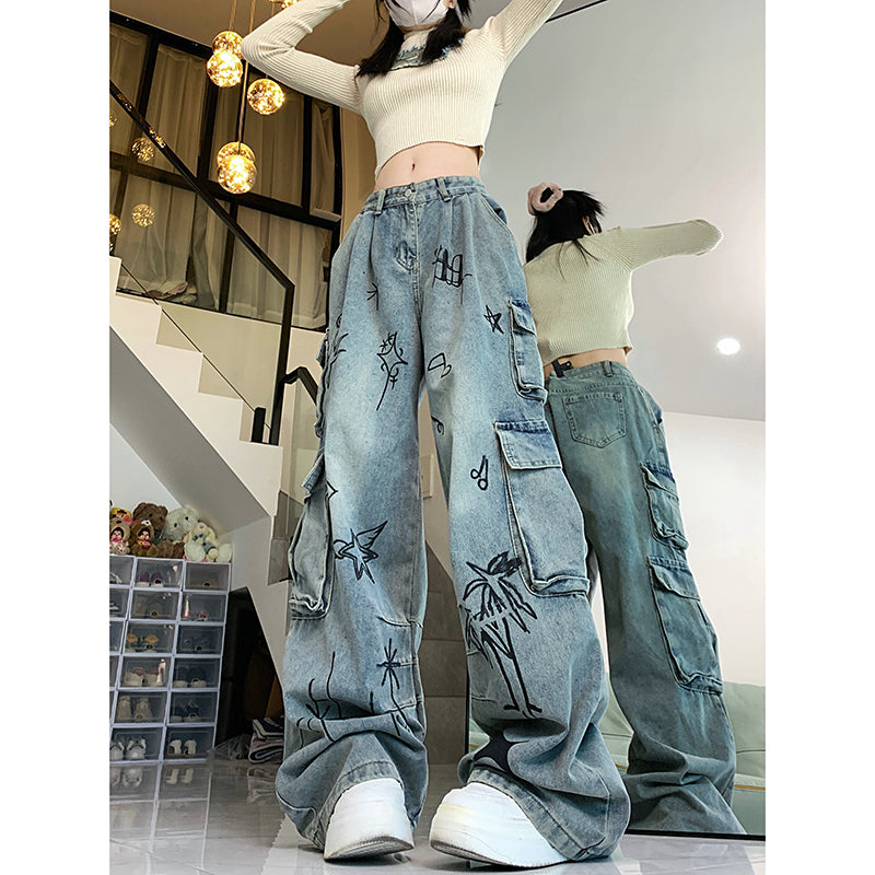 [Rosepoem Series] ★Denim pants★ Trousers Bottoms Casual Unisex Graffiti Blue