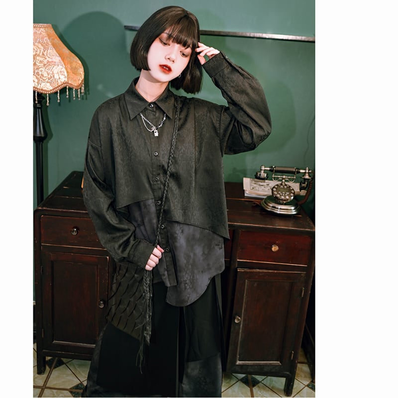 ✿New item! [Old Monster---Dragon Dyed Series] ★China Style Shirt★ Tops Long Sleeve Shirt Original Asymmetrical Unique Black Black