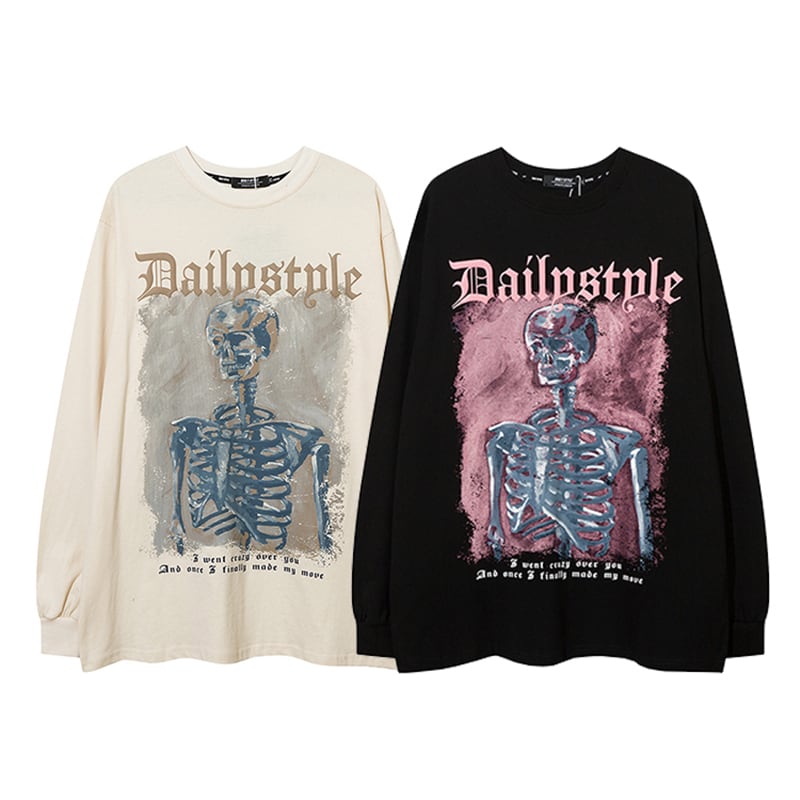 [KKyesiou Series] ★Tops★ 2color Sweatshirt Unisex Men's Skull Skull Stylish Black Apricot