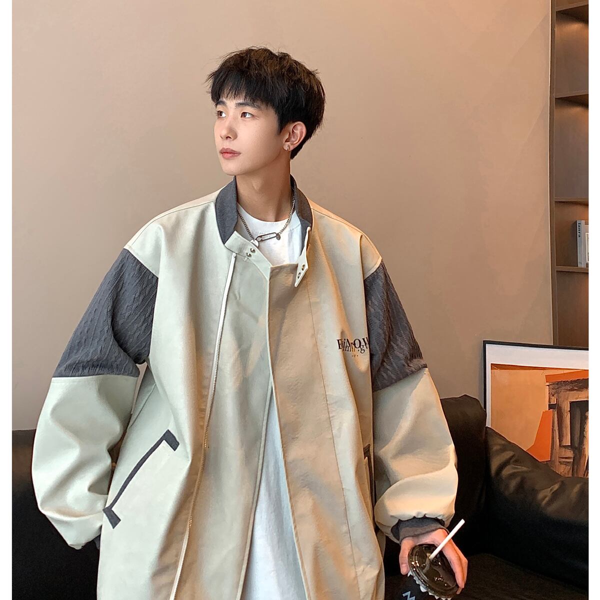 [YHX Series]★Jacket★ 3color Outer PU Switching Unisex Men's Large Size Black Gray Coffee Color