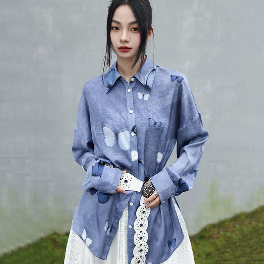 [Big Blue Dragon Series] ★China style tops★ Shirt, long sleeve shirt, butterfly satin blue, blue, cute, unique