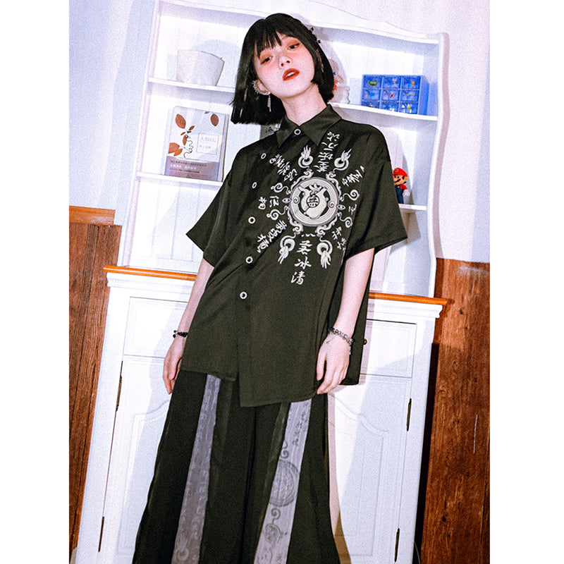 [Kogaesha---Peace Series] ★Chinese-style top★ Short-sleeved shirt, unique, original, black, black print