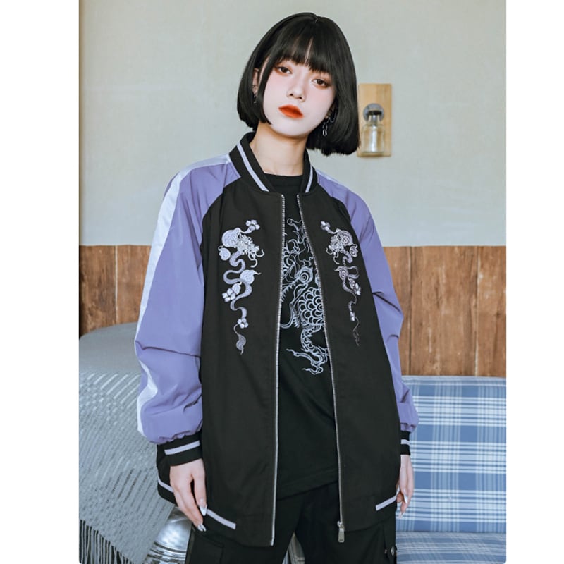 ✿New item! [Old Monster---Tatsuryu Series] ★China style outerwear★ Embroidery stadium jacket Color scheme Black Purple