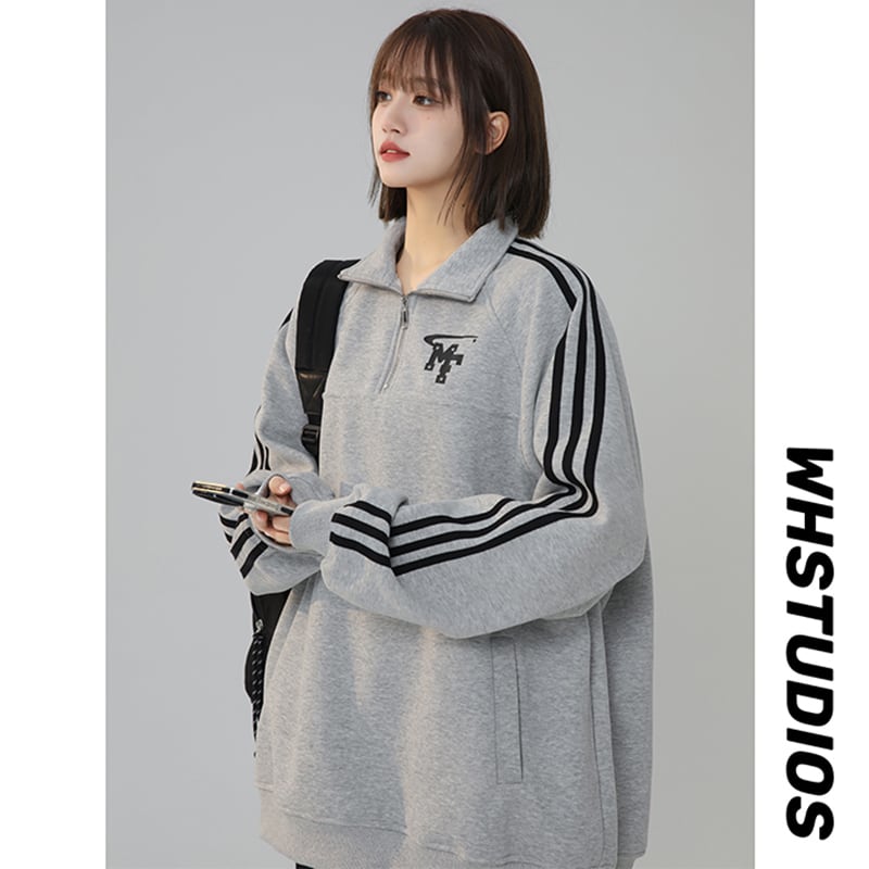 [Fujiiman series] ★Tops★ 3color sweatshirt POLO neck unisex men's vertical striped striped pattern gray white black