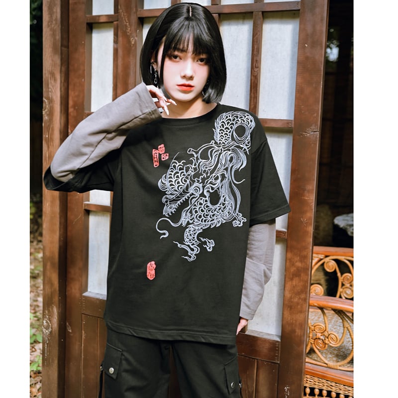 ✿New item! [Old Monster --- Cloudflies Series] ★China style tops★ T-shirt fake layered dragon dragon crest unique