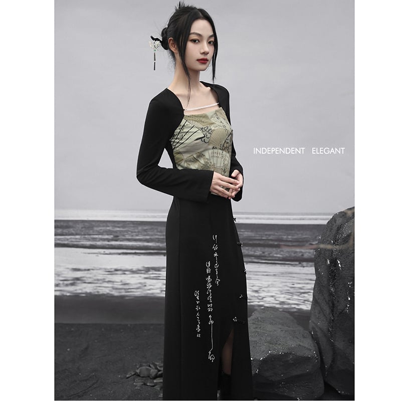 [Big Blue Dragon Series] ★China style dress★ Fake layered letter pattern slimming change black black