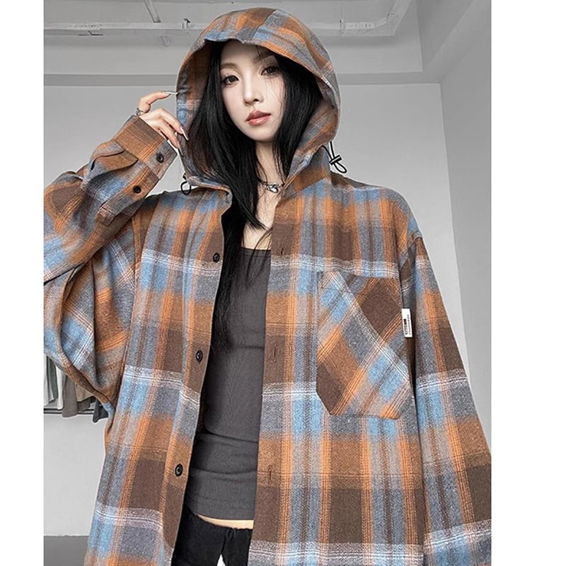 [CHAOMEICHEN Series] ★Outer★ 2color Shirt Outer Hood Plaid Pattern Unisex Men's Brown Blue