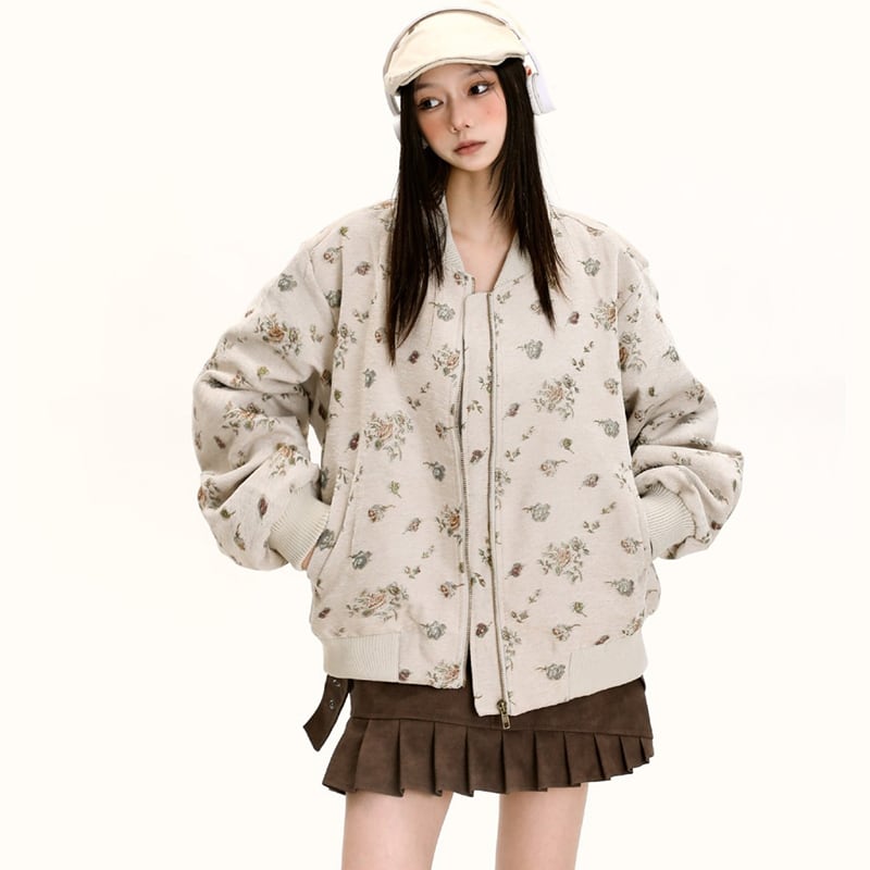 [Fleeing Earth Series]★Jacket★ 2color Outerwear Black Apricot Floral Pattern Ladies Cute