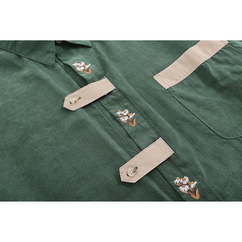 [MOISHE TIDE Series]★Shirt★ 2color Long Sleeve Shirt Tops Embroidery Unisex Men's Green Apricot