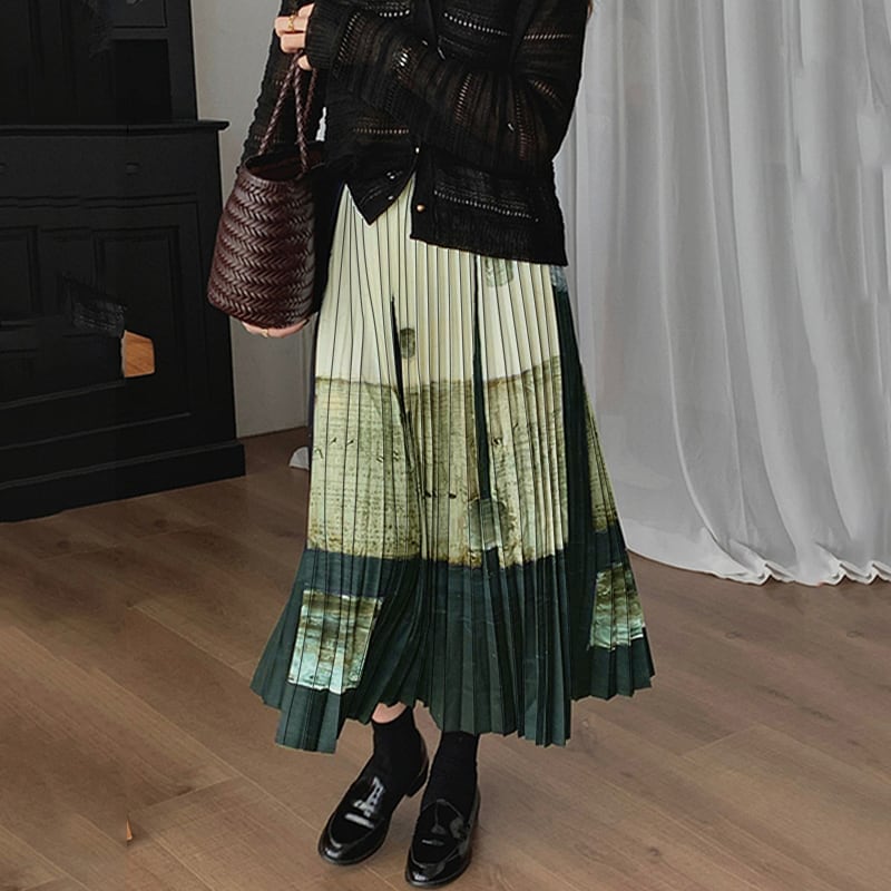 [XIAOYOUGU series] ★China style skirt★ Oil painting style pleated skirt Retro cute Easy to match for commuting, dating, etc.