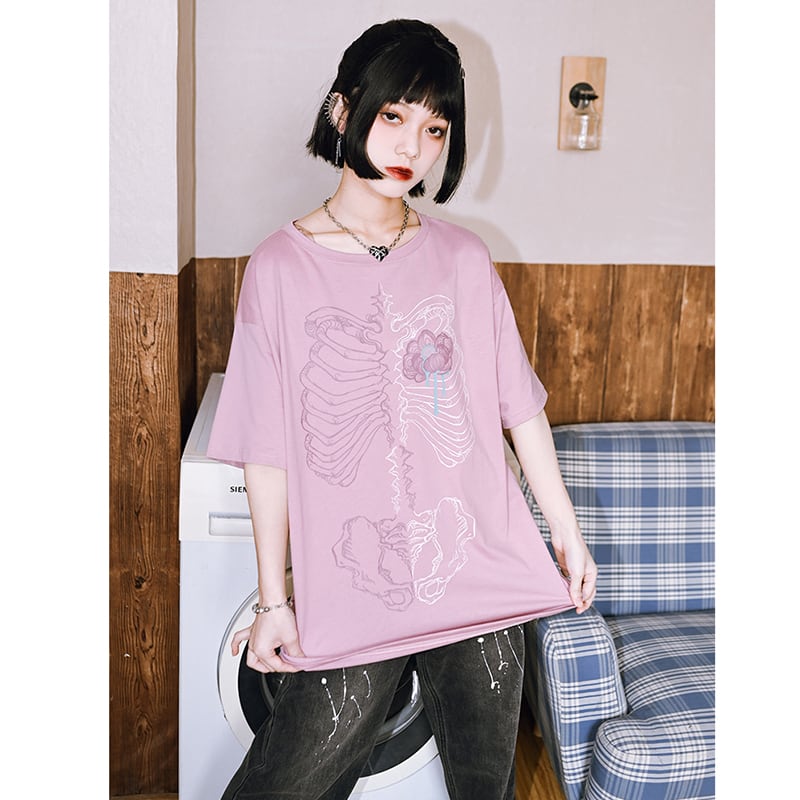 [Kokaisha---Flower Bone Series] ★Chinese-style tops★ 2color short-sleeved T-shirt printed unique original black pink