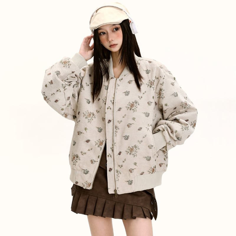 [Fleeing Earth Series]★Jacket★ 2color Outerwear Black Apricot Floral Pattern Ladies Cute