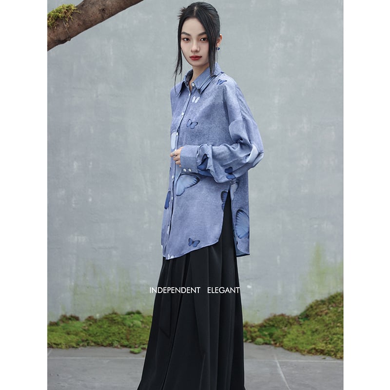 [Big Blue Dragon Series] ★China style tops★ Shirt, long sleeve shirt, butterfly satin blue, blue, cute, unique