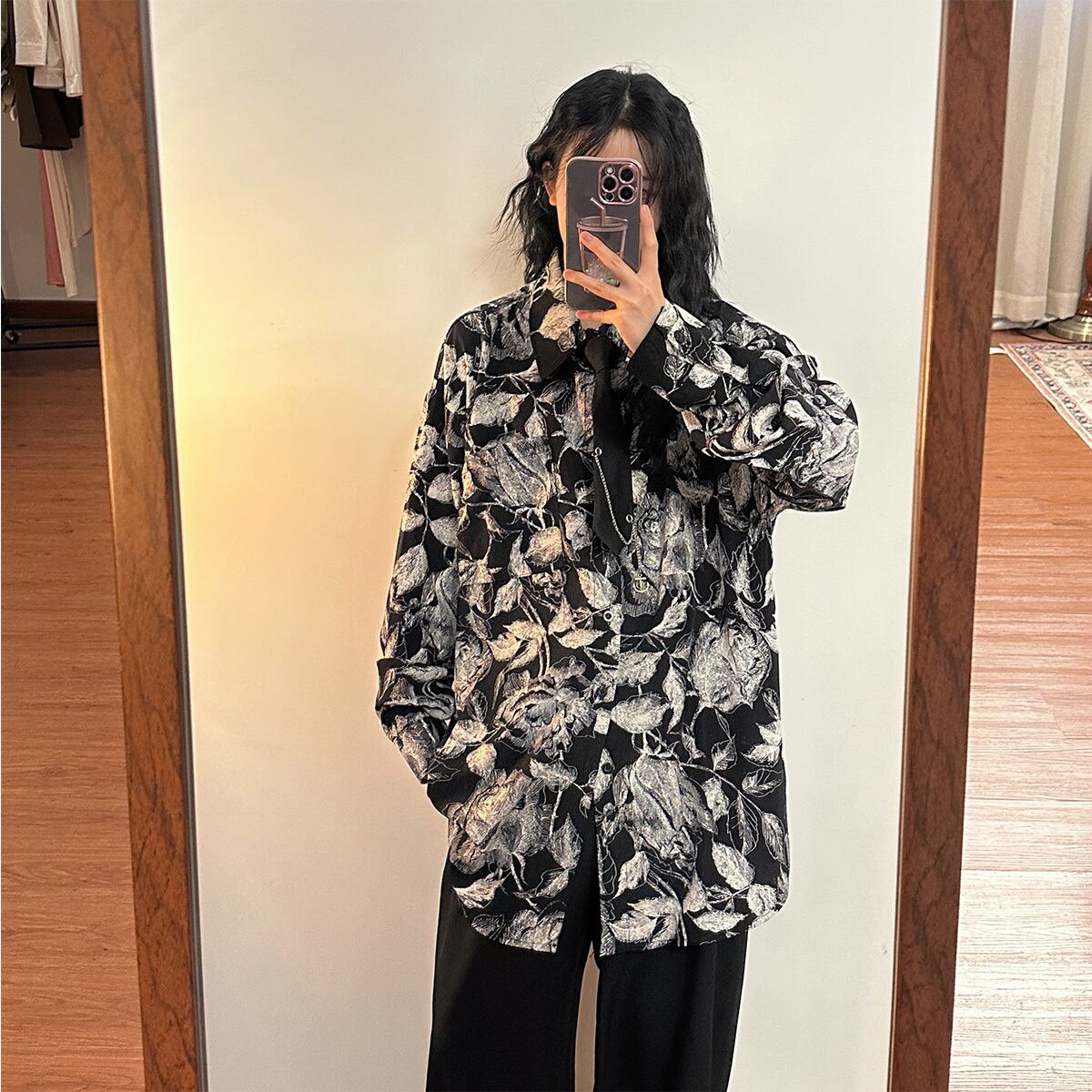 ✿New item! [UATONLINE Series]★Shirt★ 2color Shirt with tie, long sleeve shirt, floral pattern tops, unisex, men's print, ink pattern