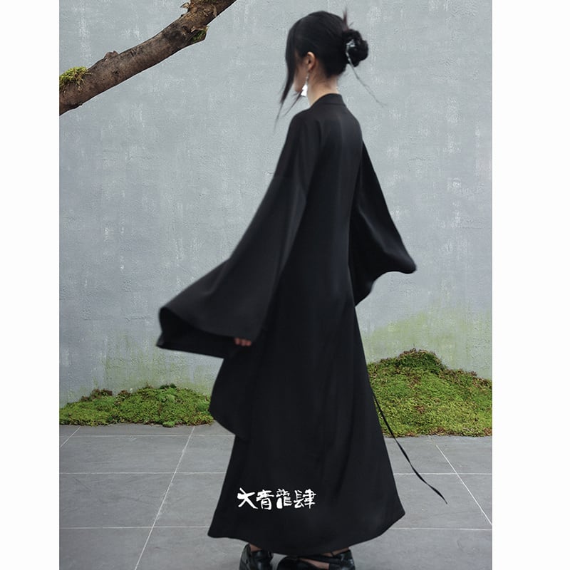 ✿New item! [Da Qinglong Shu Series]★Chinese style dress★ Belted dress Hanfu dress V neck long length Black Black