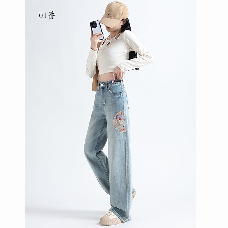 [KUDOU Series]★China style trousers★ 2color embroidery bottoms denim pants ladies fashion jeans