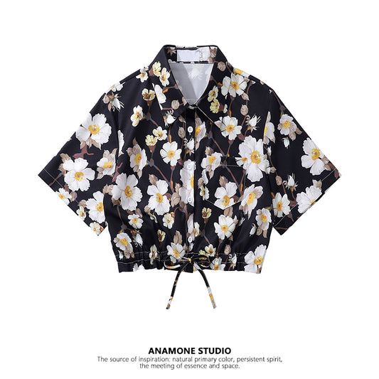 【ANAMONE STUDIOシリーズ】★花柄シャツ★ トップス 半袖シャツ S M L ショート丈 レディース ブラック 黒