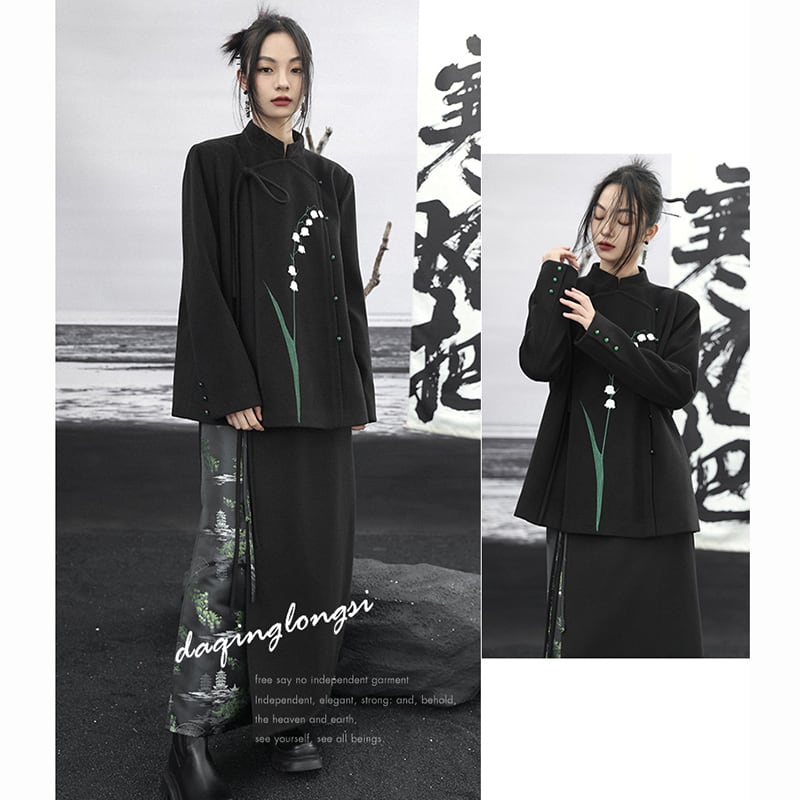 ✿New item! [Da Qinglong Shu Series] ★Chinese style skirt★ Bottoms switching black black Hanfu skirt retro