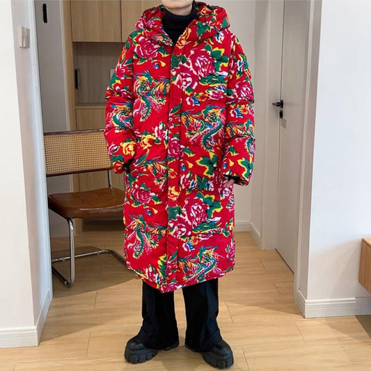 [YEFENG Series]★China style cotton coat★3color tops, floral pattern, winter coat, long length, unisex, men's, large size, black, red, green, blue